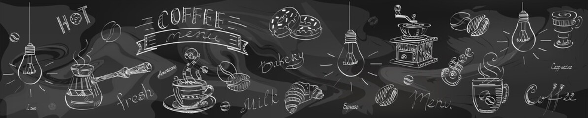 Coffee on a blackboard panel for the kitchen, cafe.