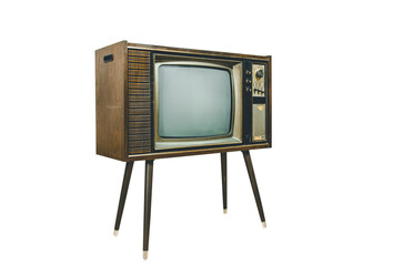 Vintage old television standing with clipping path isolated on white background, Classic, retro old tv technology with wood case.