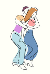 Latin American dances. An elegant couple dances salsa, bachata. Retro style. Linear drawing in the BOHO style for printing T-shirts and printing