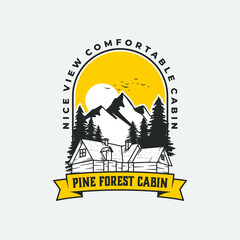 Illustration mountain cabin pine forest badge logo template