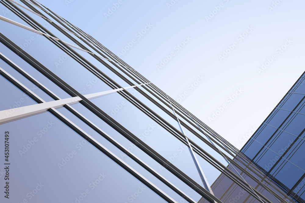Poster low angle view of futuristic modern architecture, skyscraper of corporate office building, 3d render