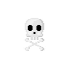 Cute Pixel art skull and bones. 8 bit style retro game pattern for halloween decoration. 90s style pixel Skeleton skull and cross bones.