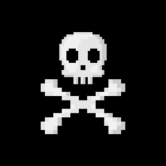 pixel art skull and crossbones. Black background. 8 bit style retro game.
