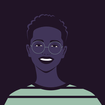An African teenager’s face. An avatar of a happy student. A non-binary person. LGBTQ. Vector flat illustration