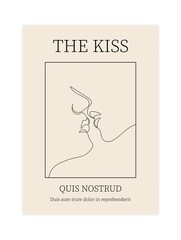 One line couple kiss. Modern poster woman man love symbol, romantic lovers continuous line art print. Vector illustration