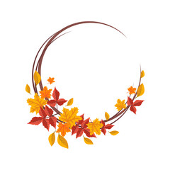 Round frame with orange and yellow maple leaves. Bright autumn wreath with gifts of nature and branches with empty space for text
