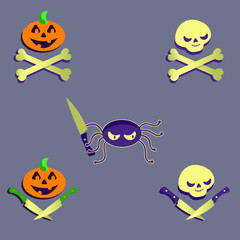 Icon set with Jolly Roger and evil Halloween characters scull pumpkin spider