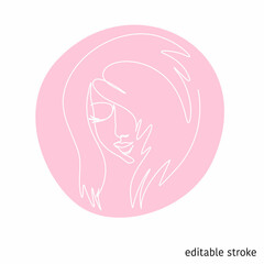 Woman Face in Continuous Line Drawing. Sketchy Girl Character. Outline Simple Artwork with Editable Stroke. Vector illustration.