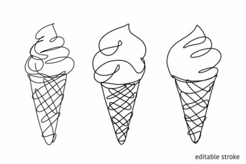 Ice Cream Set Made in Continuous Line Art Style. Doodle Element. Linear Waffle Cone with Editable Stroke. Vector Illustration.