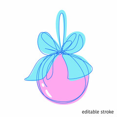 Christmas Ball with Bow Made in Continuous Line Art Style. Holiday Element. Linear XMAS Bauble with Editable Stroke. Vector Illustration.