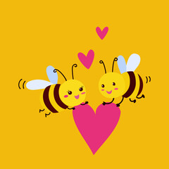Cute Bees in Love Isolated on White Background. Valentine Day Greeting Card. Cartoon Art. Vector Illustration.