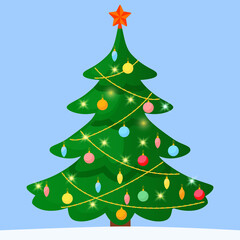 Decorated Christmas Tree with Lights, Garland, Star. Beautiful Xmas Artwork in Flat Style. Vector illustration.