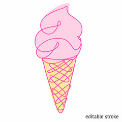 Ice Cream Made in Continuous Line Art Style. Doodle Element. Linear Waffle Cone with Editable Stroke. Vector Illustration.