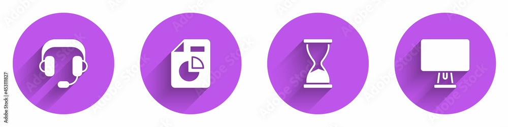 Poster set headphones, document with graph chart, old hourglass and computer monitor icon with long shadow.
