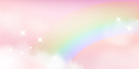 Fantasy Sky Background with Cute Rainbow. Pink Clouds in Realistic Style. Baby Unicorn Wallpaper. Vector Illustration. © elialady