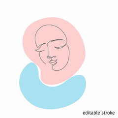 Woman Face in Continuous Line Drawing. Sketchy Girl Character. Outline Simple Artwork with Editable Stroke. Vector illustration.