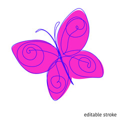 Butterfly in Continuous Line Art Style. Trendy Beautiful Graphic for Decoration or Logo. Creative Hand Drawn Sketch. Vector Illustration.