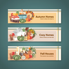 Banner template with autumn home cozy concept,watercolor style