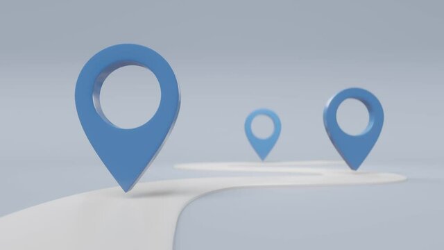 Loop animation of search concept with simple locator mark of map and location pin or navigation map pointer symbol on blue background. Route planner, milestone path concept. Motion graphics