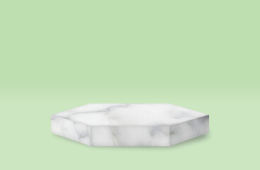 Empty white marble podium on green pastel color background. 