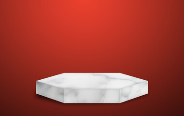 Empty white marble podium on red color background. 