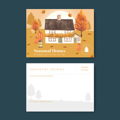 Postcard template with autumn home cozy concept,watercolor style