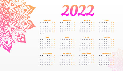 2022 new year calender design with colorful nandala