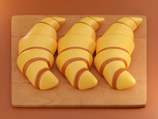 Delicious, fresh croissants on  background. Croissants isolated. French breakfast 3d rendering