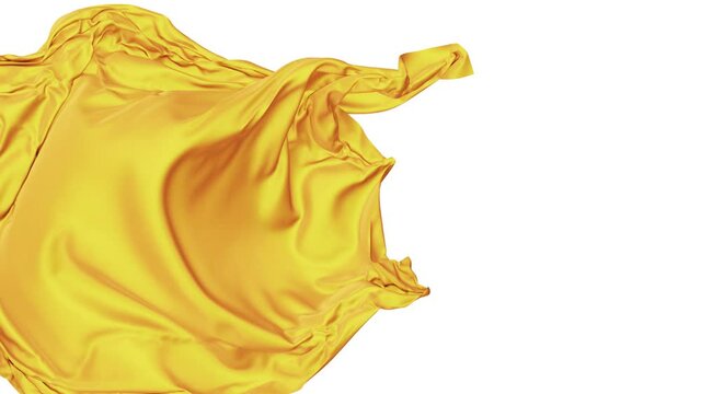 Realistic 3D animation of the trendy mango yellow matte cloth as fly away opener rendered in UHD with alpha matte