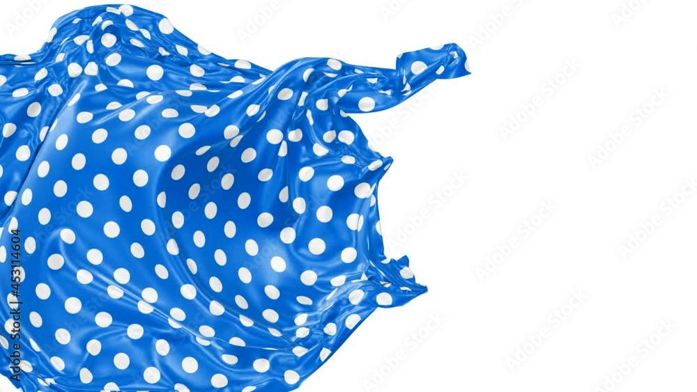 Poster realistic 3d animation of the trendy blue and white polka dots pattern cloth as fly away opener rend