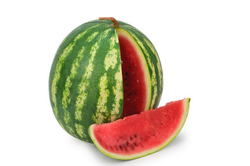 Ripe red watermelon standing upright. Nearby a slice cut out of it lies. Isolated on white background