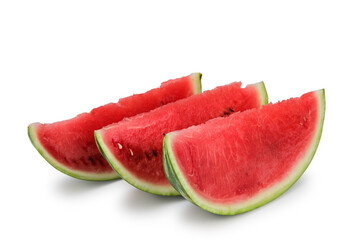 Three slices cut from a ripe red watermelon stand vertically next to each other. Isolated on white background
