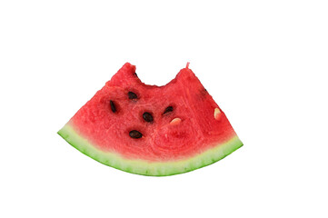 A slice of red watermelon in the shape of a triangle with a bitten off top. Black seeds are visible on the cut. Isolated on a white background