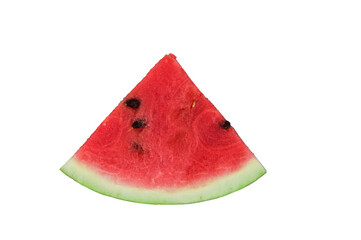 A slice of ripe red watermelon in the shape of a triangle with black seeds. Isolated on a white background