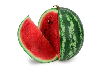A watermelon standing upright from which a cut slice protrudes. Isolated on white background