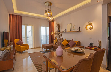 Interior design of luxury open plan apartment living room