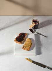 bread with berry jam and peanut butter