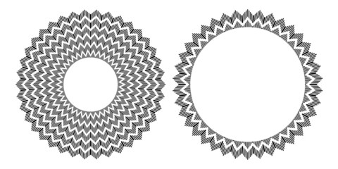 Set of abstract striped zig zag circle patterns.