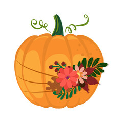 Autumn pumpkin with beautiful brunch of flowers and fall leaves - Hand drawn illustration. Autumn color greeting with pumpkin. Good for greeting card, banner, textile, gift, shirt, mug or home decor.