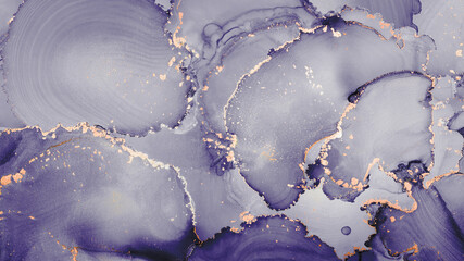 Luxury abstract fluid art painting in alcohol ink technique, mixture of dark blue, purple and gold paints. Imitation of marble stone cut, glowing golden circles. Tender and dreamy design. - 453118071