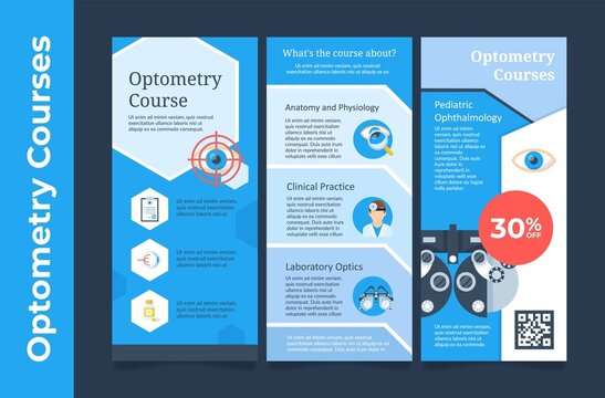 Collection of optometry course vertical poster advertising vector flat pediatric ophthalmology