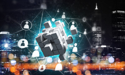 Concept of Internet and networking with digital cube figure on dark background