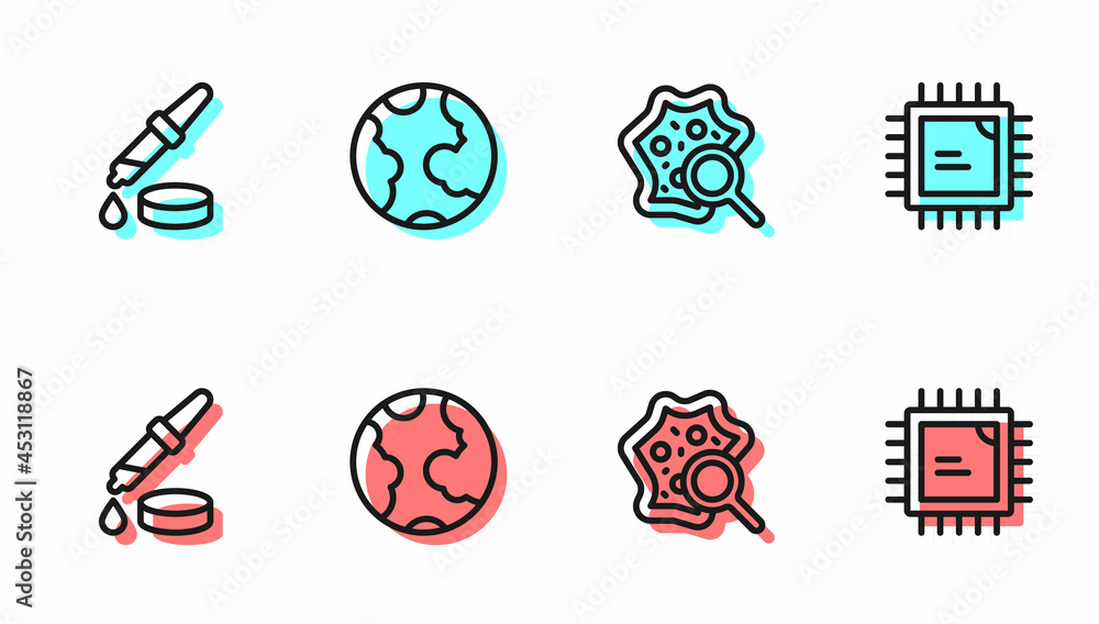 Aufkleber set line microorganisms under magnifier, pipette, earth globe and processor cpu icon. vector