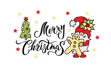 Handwritten lettering Merry Christmas and adorable gnome with gingerbread man and christmas tree on white background. Vector illustration.