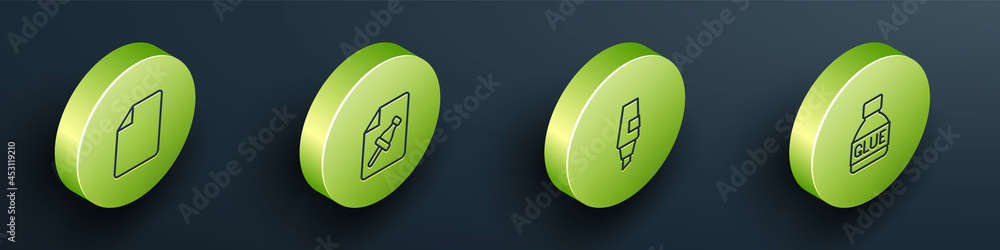 Poster set isometric line file document, note paper with push button, marker pen and glue icon. vector