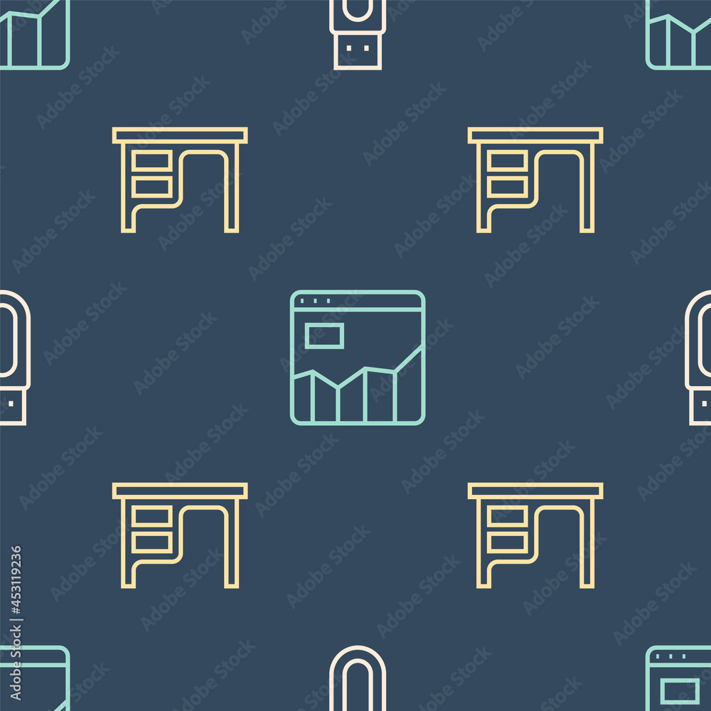 Poster set line usb flash drive, office desk and graph chart infographic on seamless pattern. vector