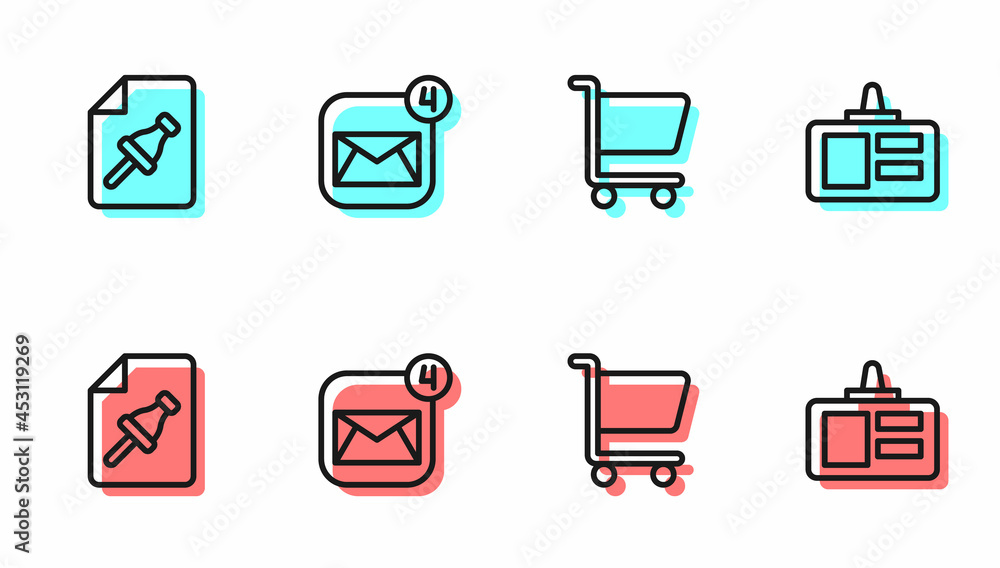 Poster set line shopping cart, note paper with push button, envelope and identification badge icon. vector