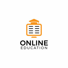 Computer + book + graduation hat. Online education logo. E-learning.