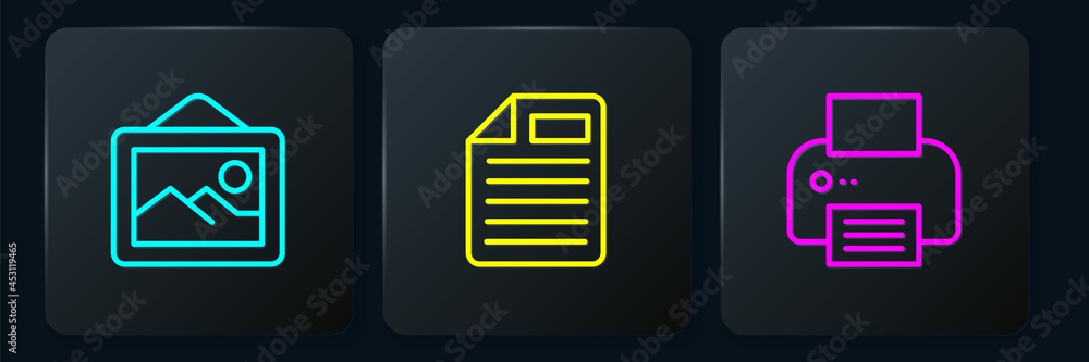 Poster set line picture landscape, printer and file document. black square button. vector