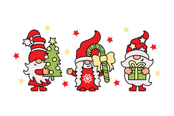 Three Christmas gnomes with christmas tree, gift box and candy cane are on white background. Vector illustration.